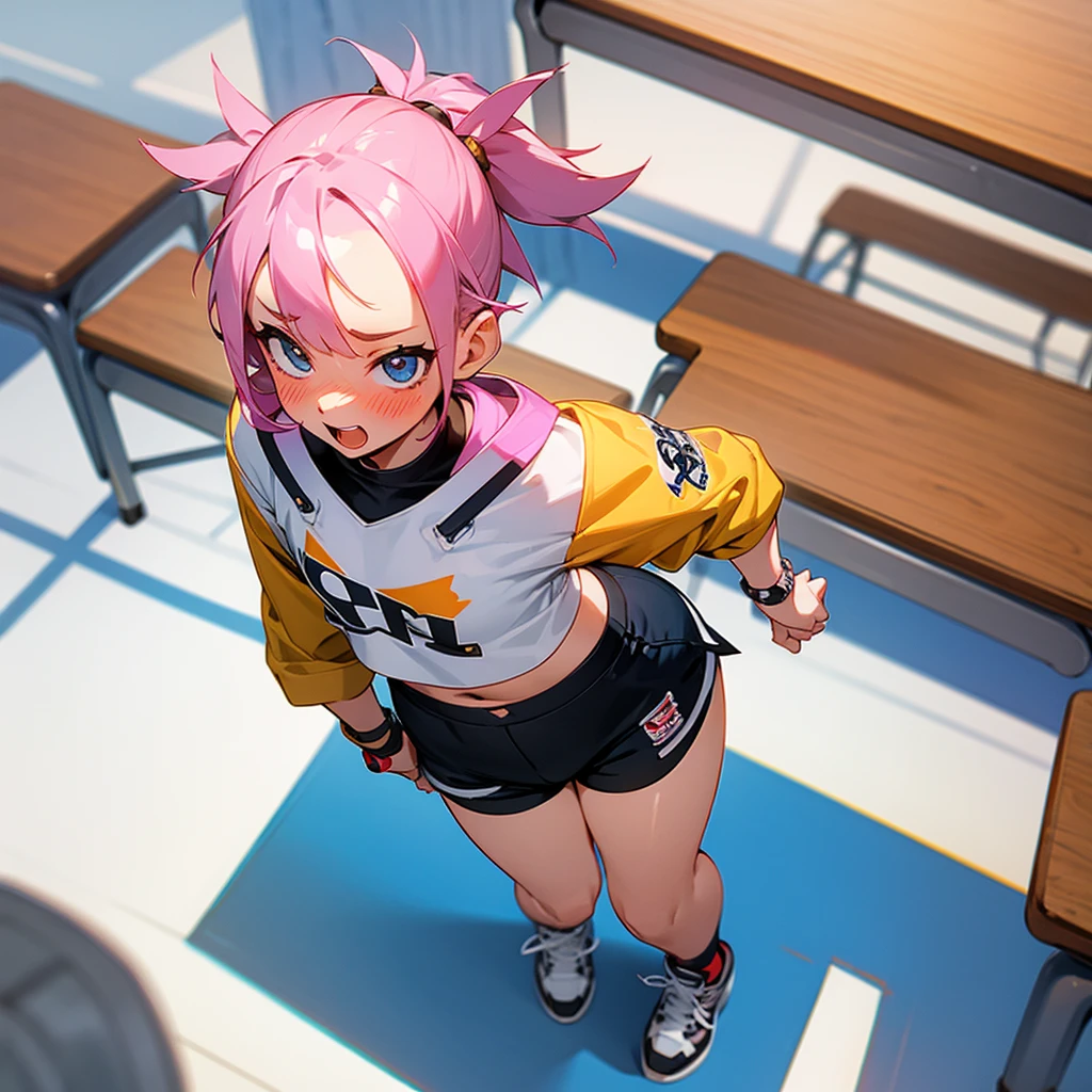 Shrunk punk girl on a college desk, excited, blushing, crop top, shorts, sneakers, curvy, from above