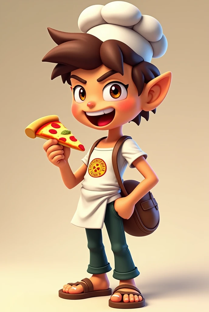 Tosatte is a brawler from the game Brawl Stars,passionate about pizza, whose main weapon is a pizza grabber. He is Fang&#39;s younger brother.,Tosatte has a chef hat on, her brown hair sticks out of the hat,He has a white t-shirt showing his entire arm and a white apron with a pizza logo,your dark green pants,he wears a brown sandal,your eyes are very bright and your smile shows a lot of charisma,he is holding a slice of pizza and on his back he has his weapon a pizza tongs,he is on the side of the brawler Edgar,and he&#39;s a skinny ???