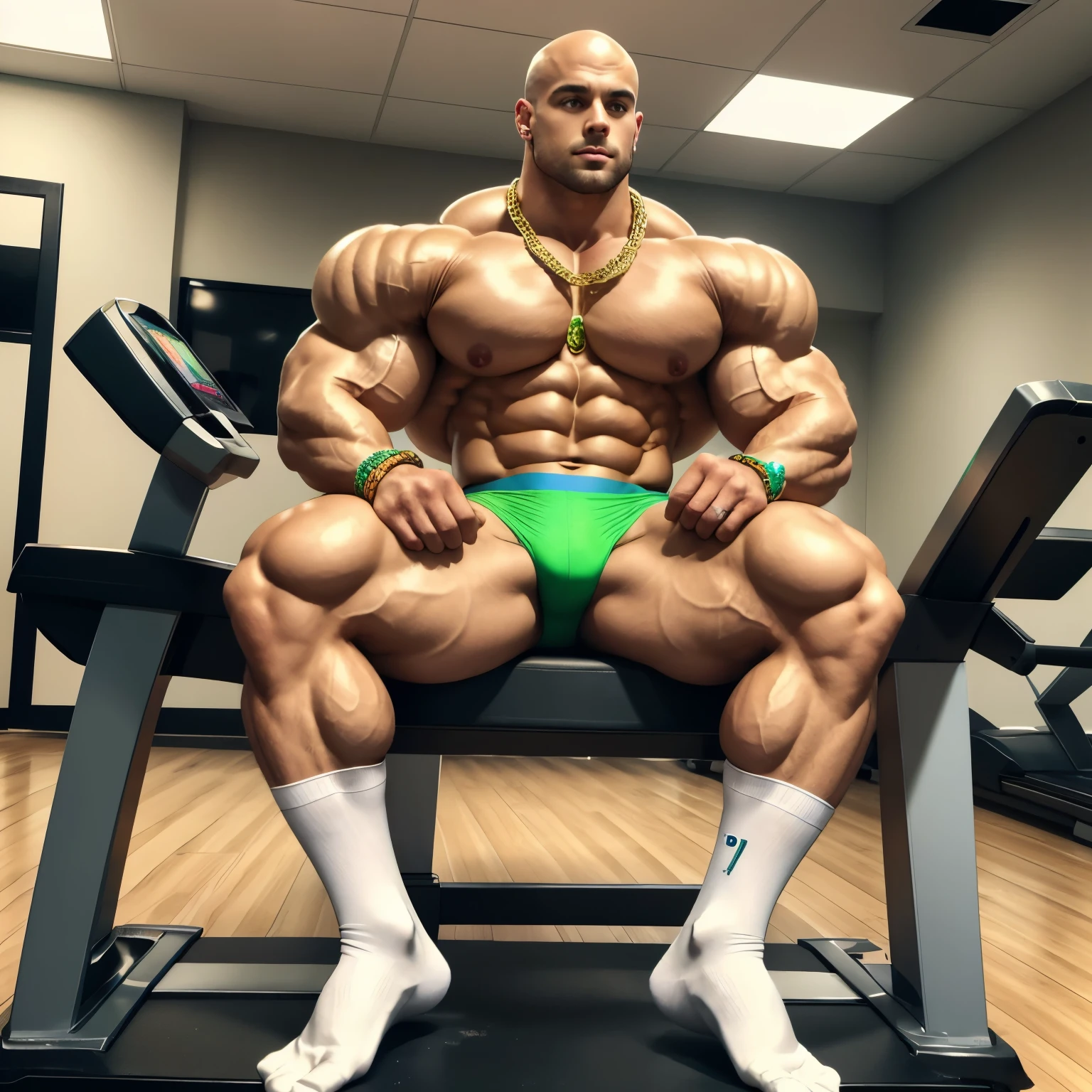full view, full body, one handsome young artificially tanned white bald over-muscular man in white socks, shirtless wearing neon-green lycra leggings and white sheer socks, no shoes, glittering gold chains, bracelets, rings, pierced nipples with gold rings and chains, arrogantly sitting on bench in his white sheer professional socks next treadmill in gym, ung slim bodybuilders admiring him on the side, his white sheer professional socks must be seen
