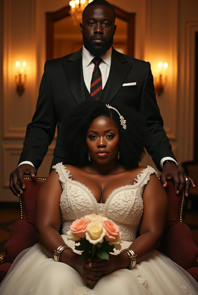 "A beautiful, curvaceous African woman in a wedding dress, seated with handcuffs around her wrists, holding a bouquet of flowers. She appears confident and stunning, with a healthy and few plumping figure. Behind her stands a tall, imposing African man in a suit, exuding a mysterious aura. The background is elegant, with warm lighting that highlights the luxury and drama of the scene."
