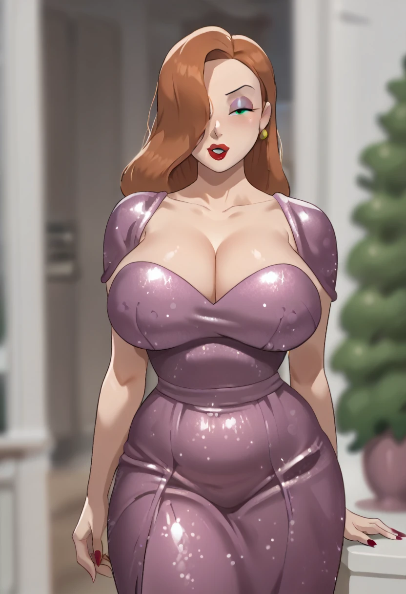 score_9, score_7_up, 1girl, solo, (jessica rabbit):0.7, depth of field, portrait, mature female, dress, cleavage, presenting, glitter dress