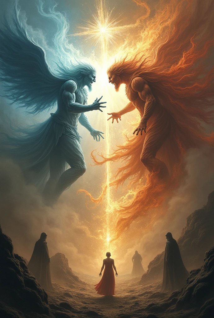A representation of a spiritual battle, where two forces are fighting, good and bad, perhaps with shadows of opponents in the background