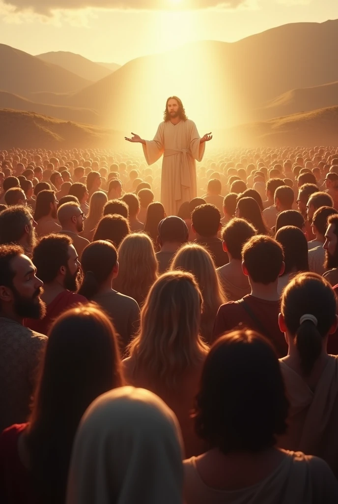 Biblical passage from the Sermon on the Mount. In Jesus (without showing the face of Jesus)being illuminated, while it is a sign for a crowd of people to show people&#39;s faces 