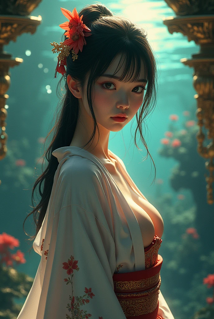 (((Otohime)))、young woman、(Beauty)、Japanese、cute、1、Sexy unbuttoned kimono、Background: Dragon Palace in the sea、(best quality,4K,8k,highres,masterpiece:1.2),ultra-detailed,(realistic,photorealistic,photo-realistic:1.37),HDR,uhd,studio lighting,ultra-fine painting,sharp focus,physically-based rendering,extreme detail description,professional,vivid colors,bokeh,cinematic lighting,dramatic shadow,