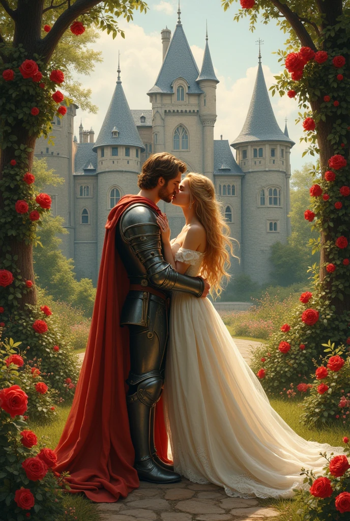 A beautifull princess with a bolnde hair and a handsome knigt with brown hair, sitting behind the ptincesses castle with big trees with full of red and white roses kissing at the night as the knigt goes in the war forbidden kiss and make it look like painted with oil like leonardo da vinci painted