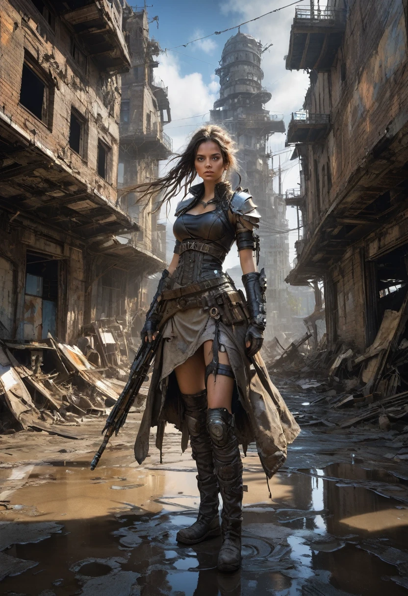 1 girl, Post-Apocalyptic Wasteland, The Adventure Guild Magical, complicated, puddles, Digital, szenisch, Hyperdetailed, carefully, Luis Royo, Rutkowski, greg olsen, Bagshaw, Sandra Chevrier, Roberto Ferri, Michael Kaluta, Victor Adame Minguez, Ruan Jia, filmic, Wlop, JJ Abrams, HDR, Unit 3D, Corona-Rendering, Smoothed