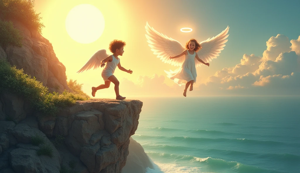 a child playing on a cliff, an illuminated guardian angel watching over him safely, a beautiful, sunny day