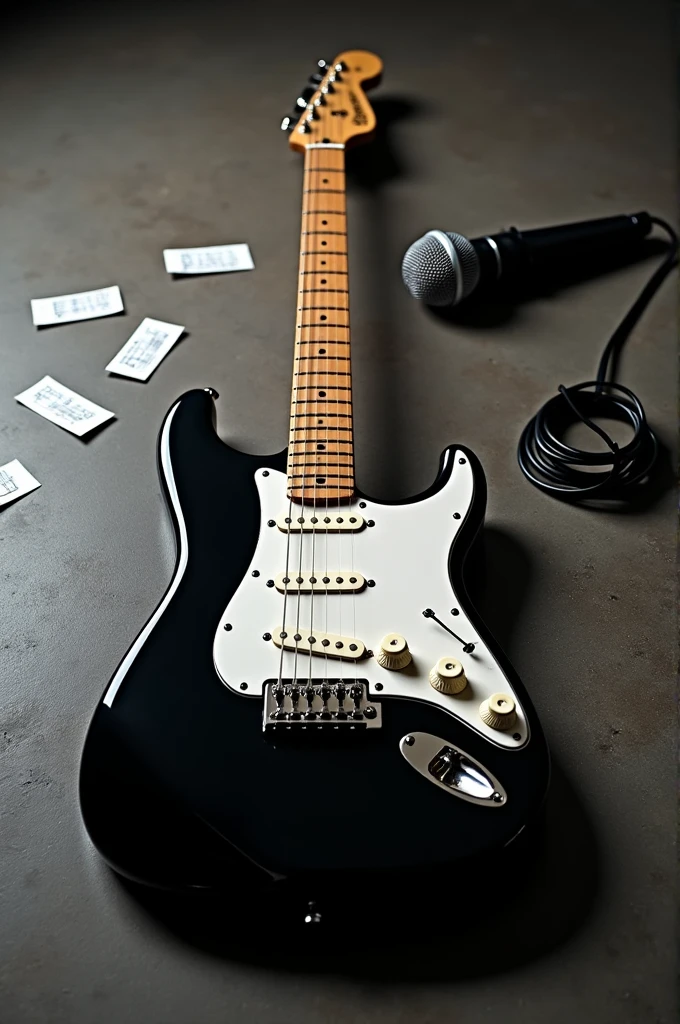 Generates image of a black and white electric guitar on the ground, next to a microphone lying on the floor around loose musical notes, dark colors 