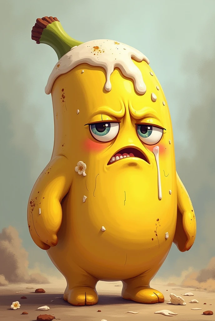 A cartoonish banana cake tired of war.