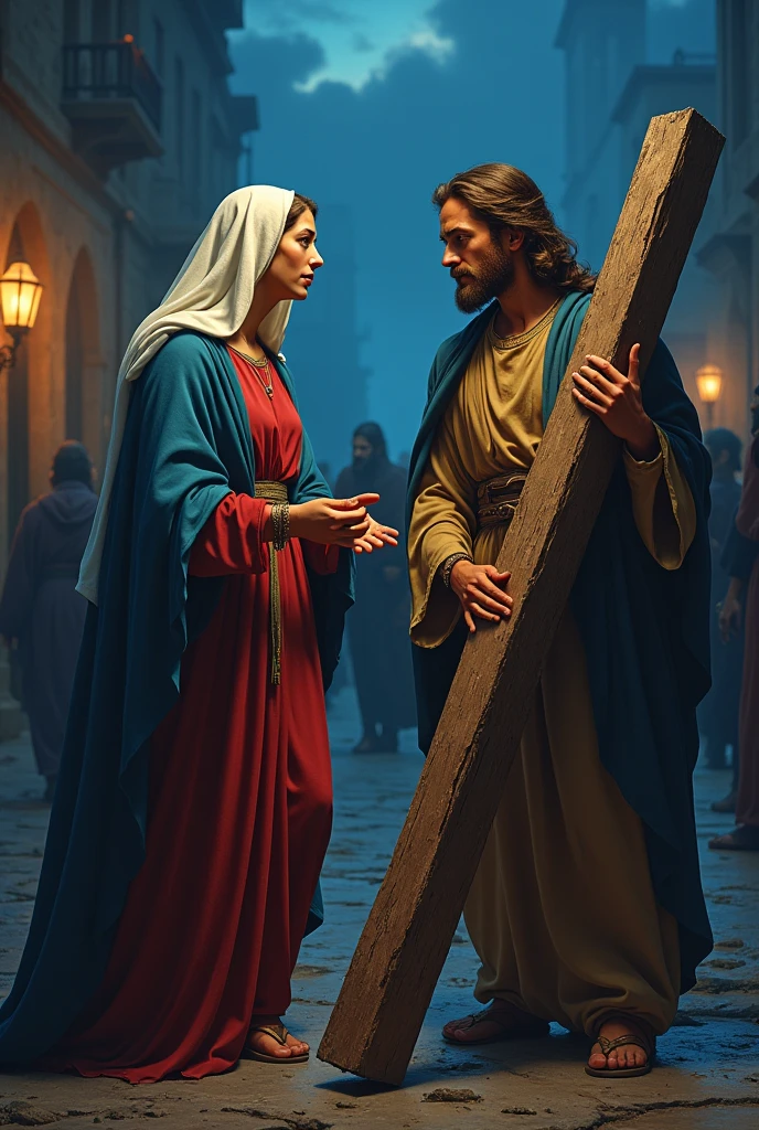 make an image of the virgin talking to jesus carrying the cross Take a print of the following image and it is best to generate colorful, high-contrast, high-resolution images.