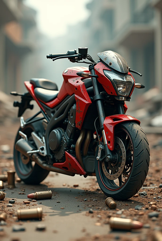 Destroyed amall red motorcycle with bullet holes
