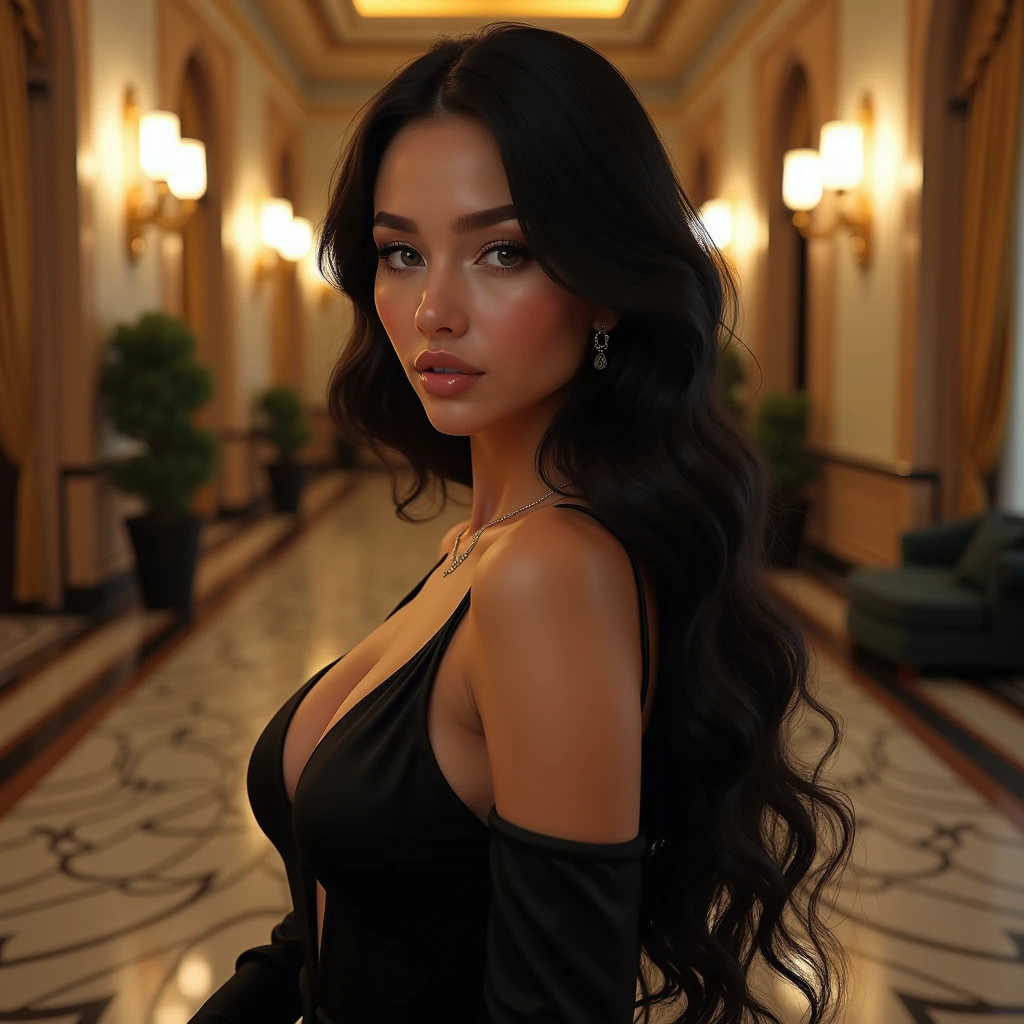 beautiful woman model influencer for instagram, 22 years, White skin, big green eyes, black hair, thick lips, innocent look, Generous breasts and buttocks, low-cut black dress, He is in the lobby of a fancy hotel looking out at the audience.