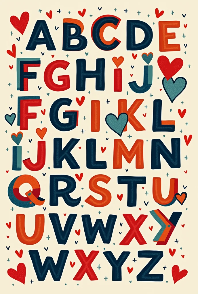 Alphabet with capital letters, lowercase printing, uppercase italics and lowercase italics. Hearts and rainbow decoration