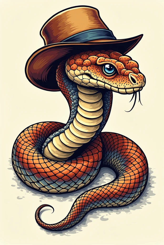 Snake with hat drawing, tatoo, old school, neotradicional, bold line, fine line, detailded, new school , fullcolor, menos detalhes, desenho de tatoo, simple scales