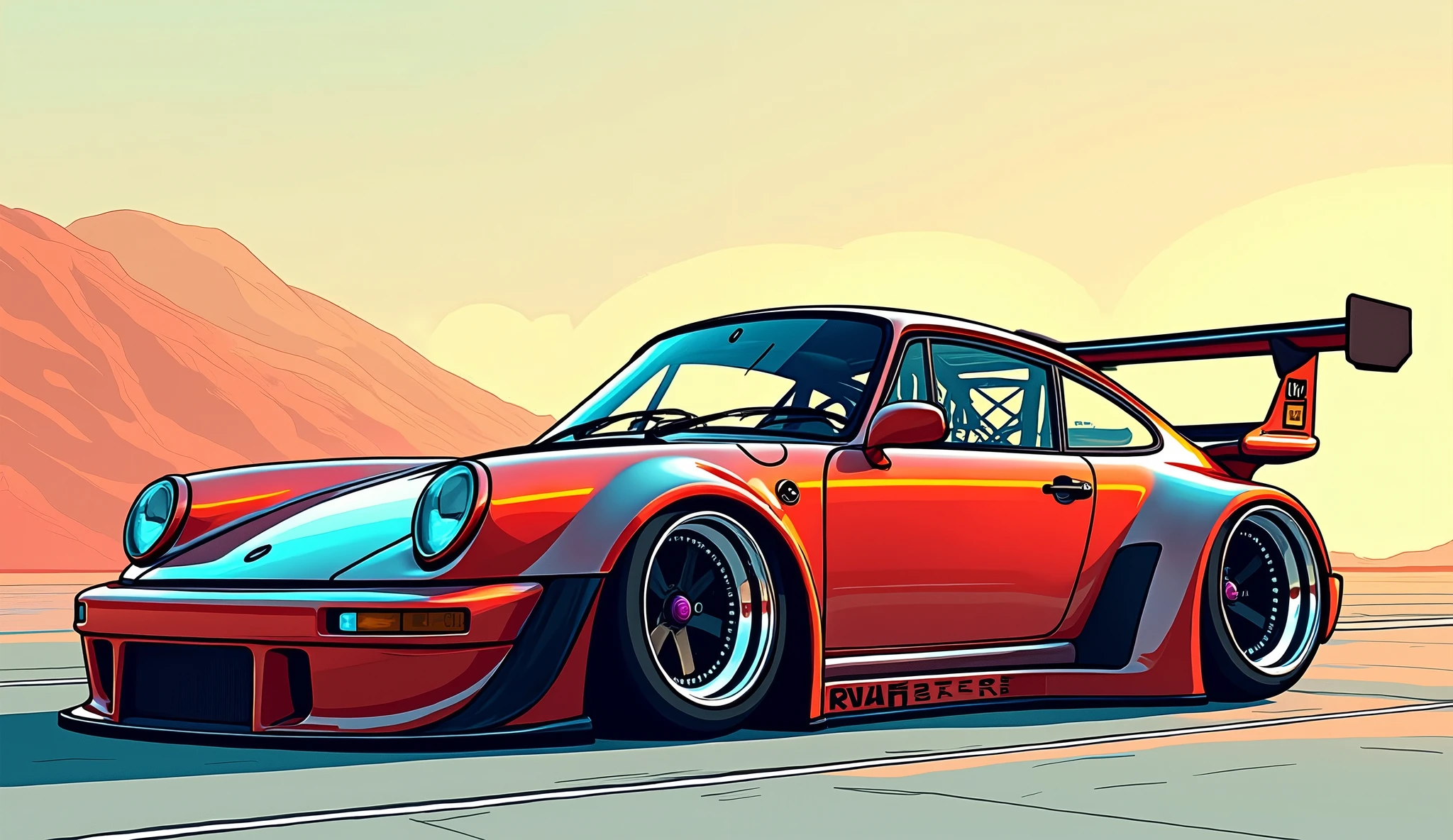 Deep learning model flowchat in colour of a
Porsche 911 rwb, wide body, sketch,
cartoonish, comic strip, Chip Foose car rendering, chrome wheels, bagged, slammed to the ground, masterpiece