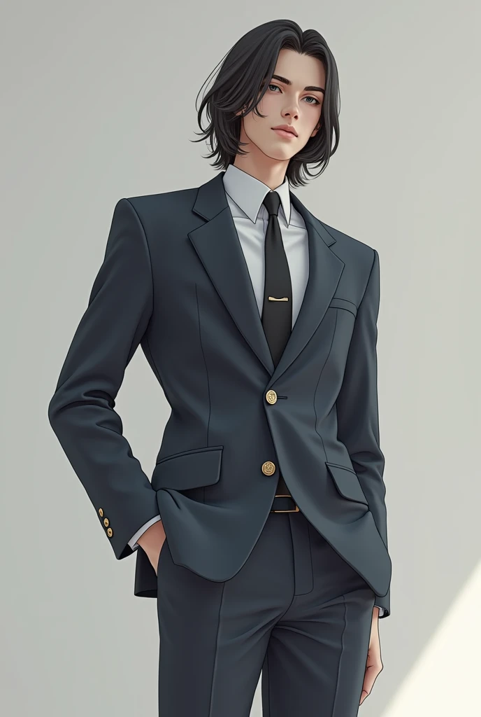 A stylish long-haired boy wearing a suit 