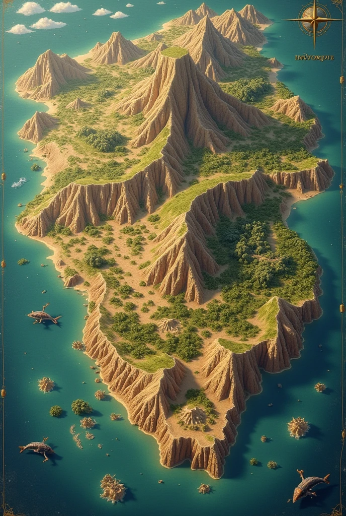 giant island with topographic view, desert and forest and swamp biomes, 4K, old map style