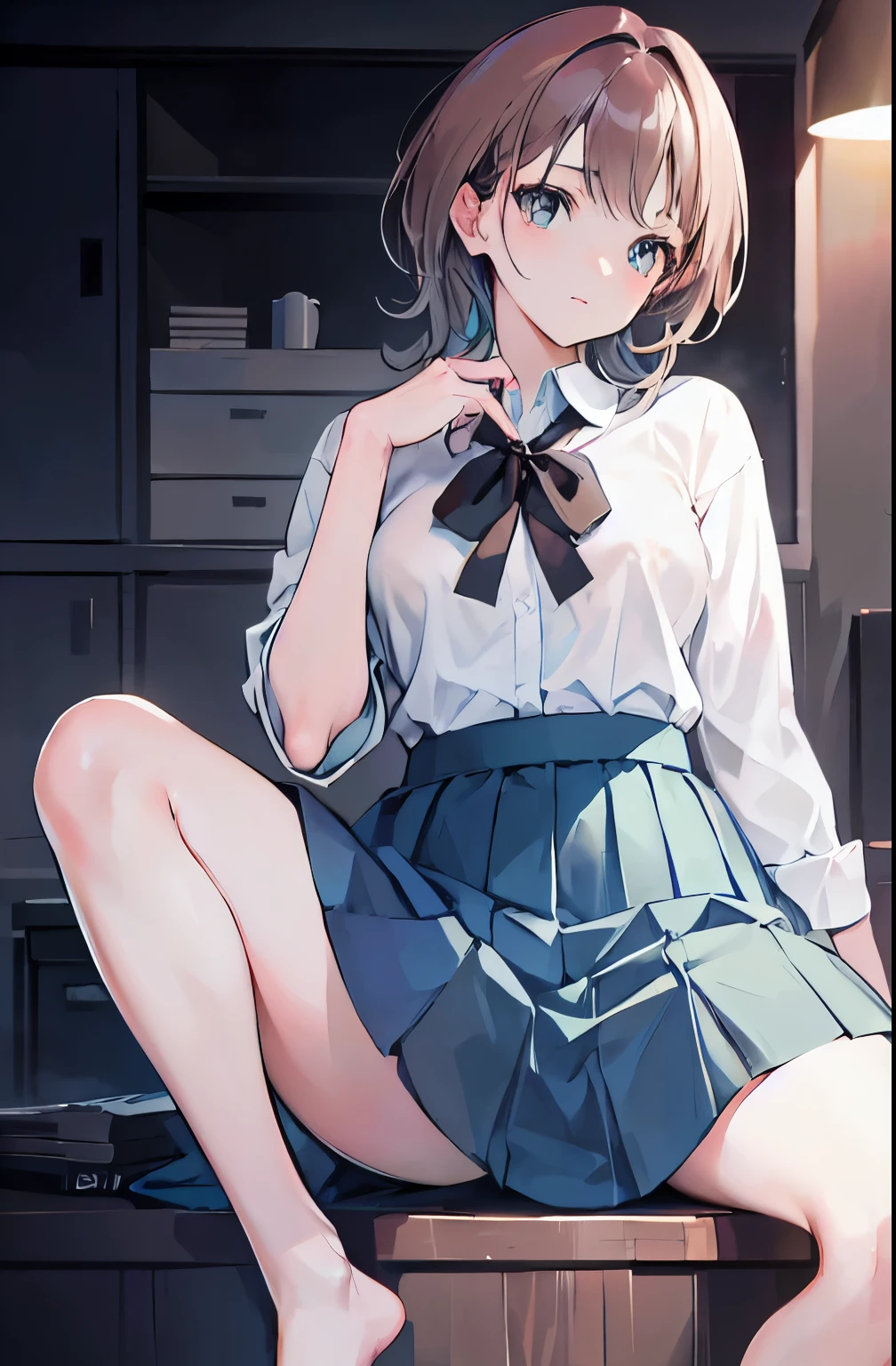 Brown Hair，Shortcuts，Messy Hair，Slender beauty，A dignified posture，Beautiful feet，Her captivating grey-blue eyes shine like stars，Woman working at desk, girl,Shortcuts、 Two realistic idols,Medium long skirt、 美しいアニメのgirl, Loose-fitting clothing, Perfect expression, Young skinny、break (masterpiece:1.2), Highest quality, High resolution, unity 8k wallpaper, (shape:0.8), (Beautiful attention to detail:1.6), Highly detailed face, Perfect lighting, Extremely detailed CG, (Perfect hands, Perfect Anatomy),