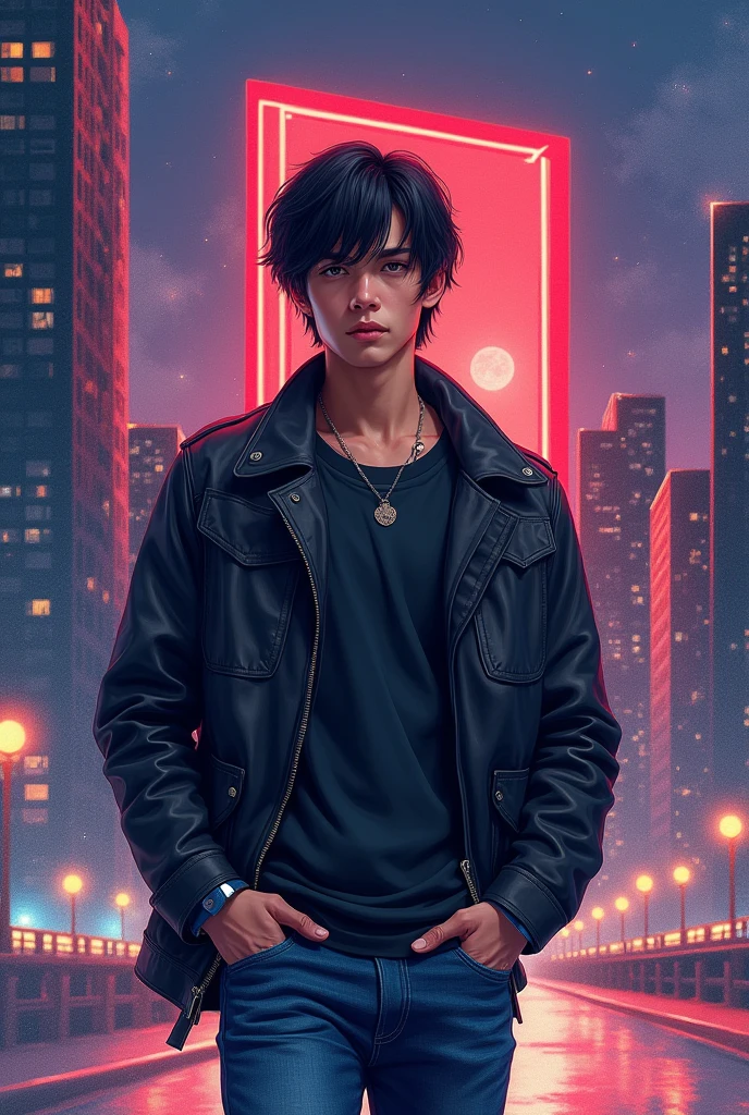 Watercolor style. Best quality. Professional drawing. Handsome guy 1. black straight hair. hands in pockets. Standing against the background of the city at night. Dressed in fashionable jeans and a leather jacket. steep. Behind the back is a sign saying Red Cube