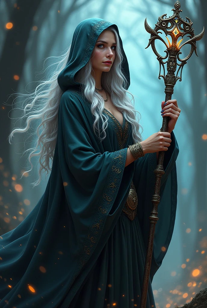 A Silver Haired Woman wearing a dark hood holding a staff with runes and random gemstones, Not realistic style