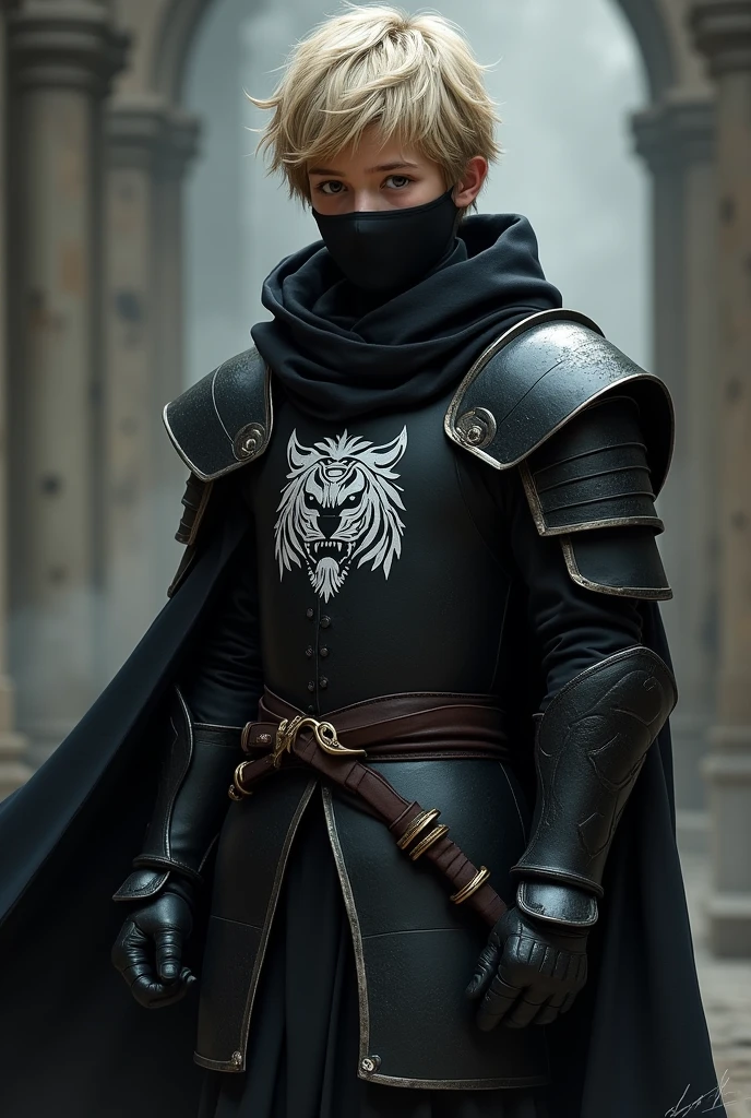 A young boy with short golden hair and brown eyes wearing black armor with a cape and hood. The armor has a drawing of a white tiger. He wears a black mask covering his nose and bottom. He has two curved swords at his waist.