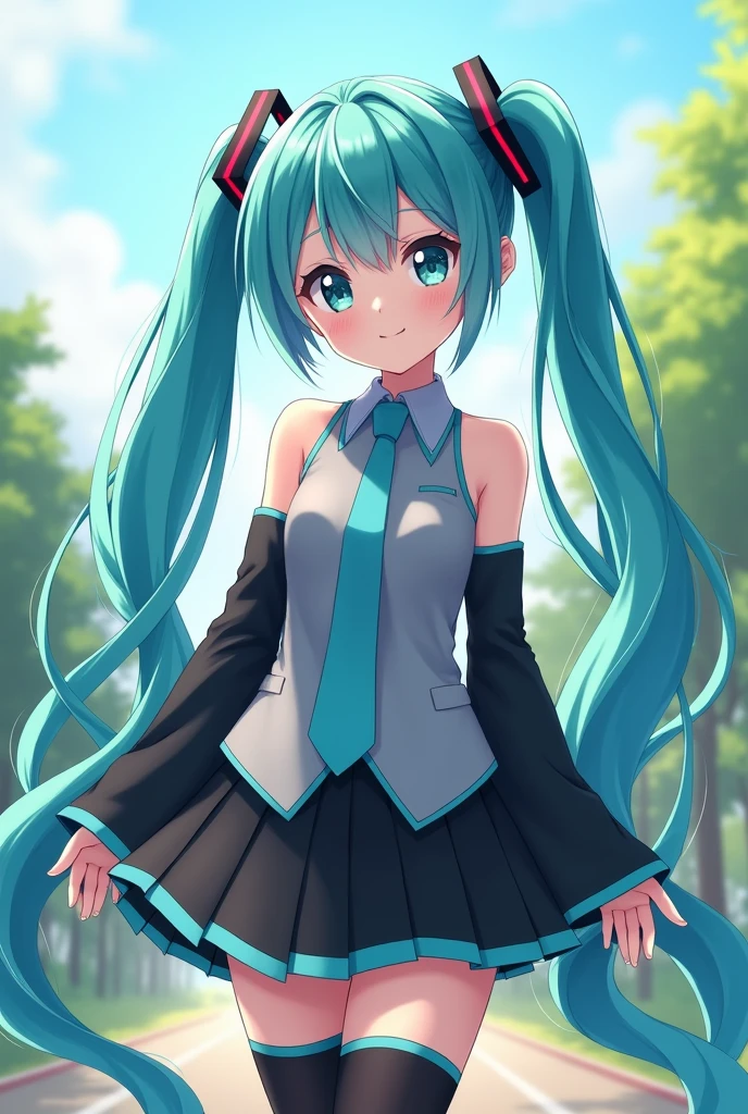 masterpiece, best quality,1girl,hatsune miku,aqua hair, aqua eyes, long hair, twintails, gradient hair, bare shoulders,black skirt,blue necktie,detached sleeves,small breasts,grey shirt,long sleeves,miniskirt,pleated skirt, thighhighs, happy,outdoors,shiny clothes,looking at viewer
