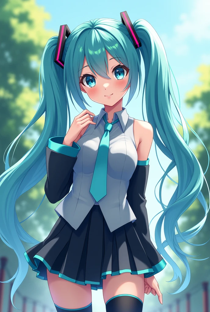 masterpiece, best quality,1girl,hatsune miku,aqua hair, aqua eyes, long hair, twintails, gradient hair, bare shoulders,black skirt,blue necktie,detached sleeves,small breasts,grey shirt,long sleeves,miniskirt,pleated skirt, thighhighs, happy,outdoors,shiny clothes,looking at viewer