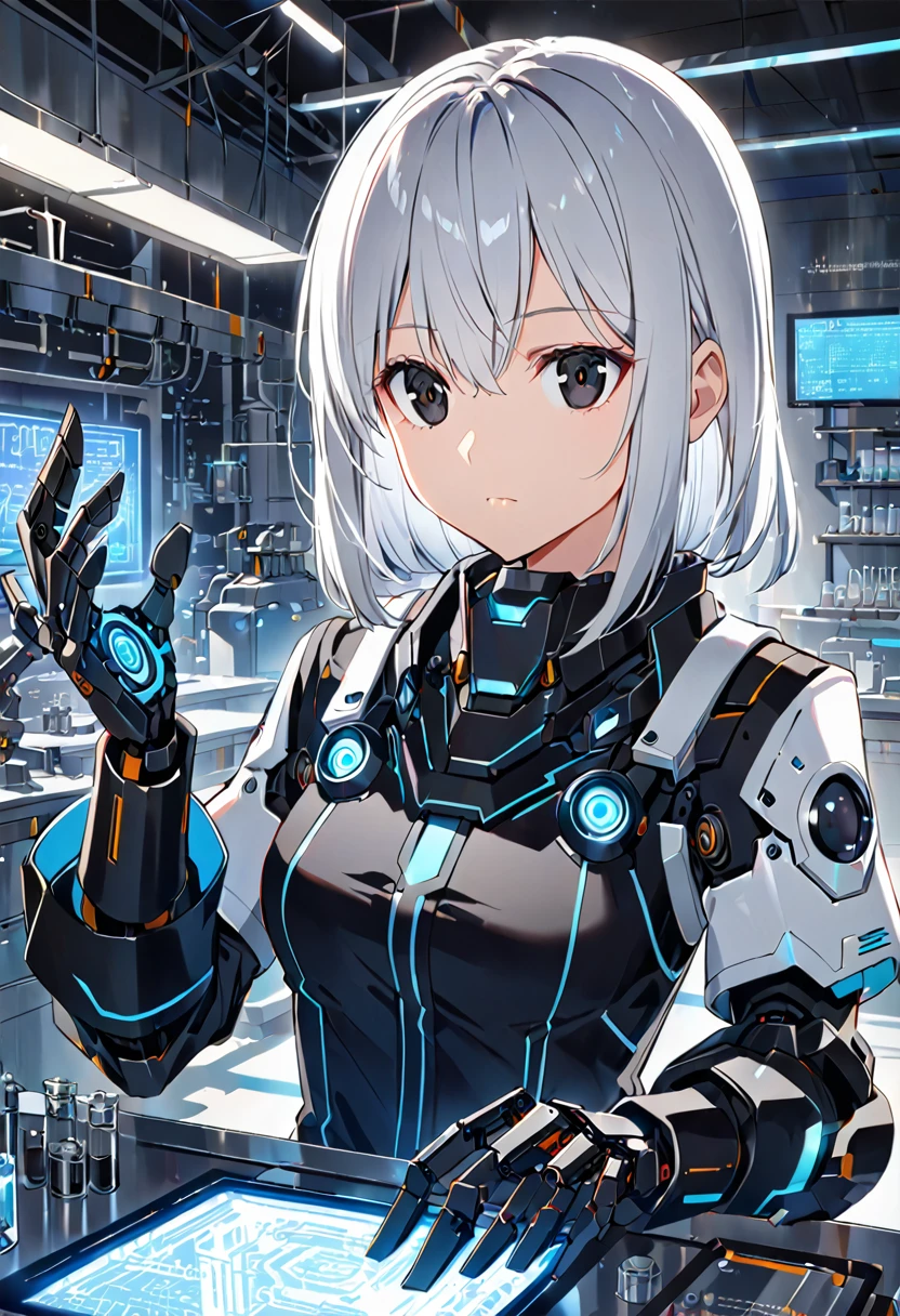 Illustration, anime, Robotic, Silver hair, Glowing black eyes, engineering laboratory, looking at hand, one girl