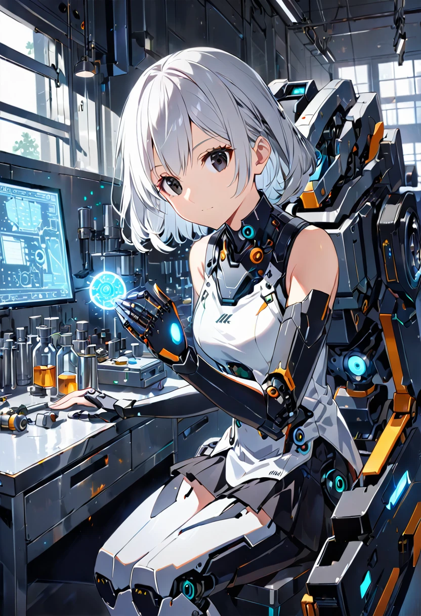 Illustration, anime, Robotic, Silver hair, Glowing black eyes, engineering laboratory, looking at hand, one girl