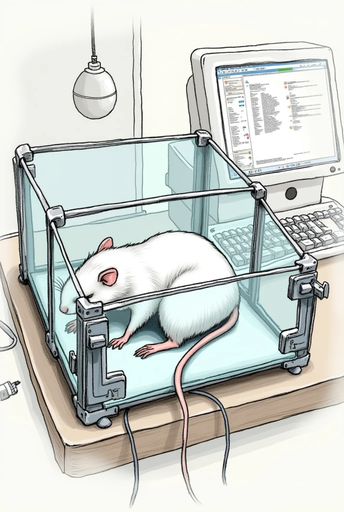 hand drawn drawing of a white mouse lying in a transparent box having its pressure measured by telemetry with transducer wires attached to a black velcro on its tail in a laboratory, showing the computer
