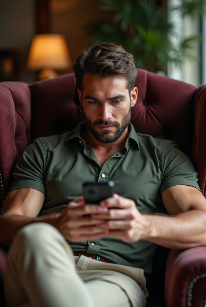 Handsome man, in dark green shirt and cream cargo pants, sitting on a royal crown wingback sofa, in relaxing pose, showing mobile screen to viewer, in with background