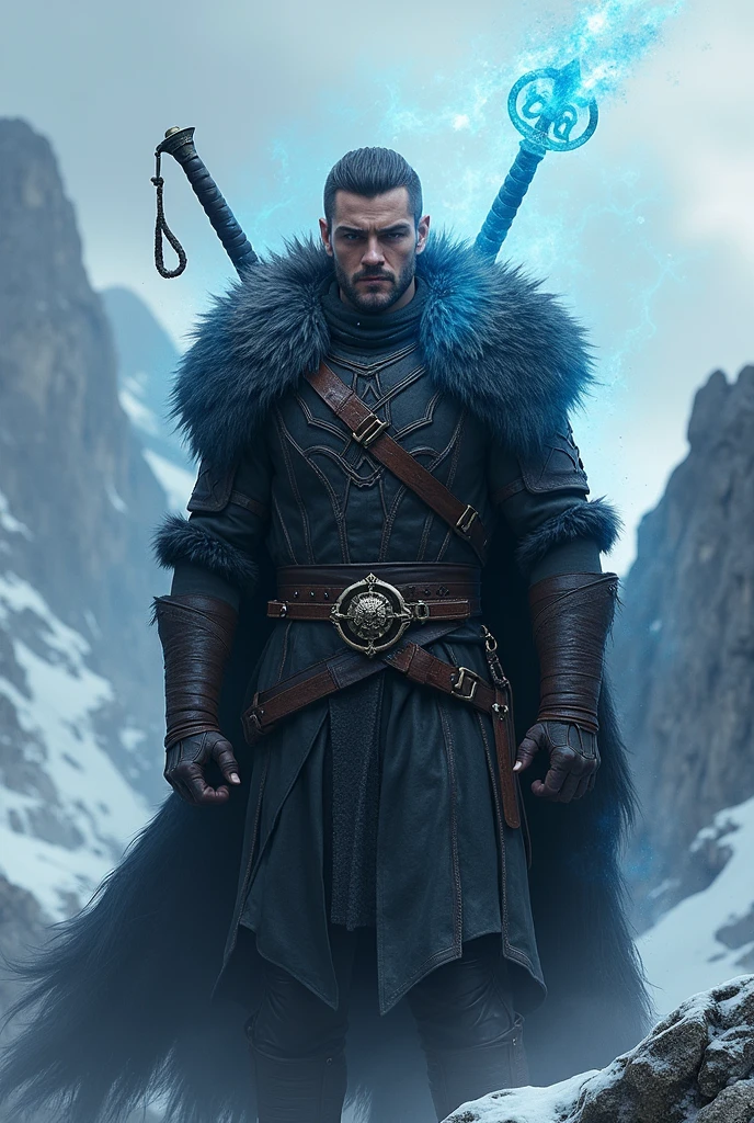 Create a male warrior who looks calm but is a psychopath, with Nordic clothes, Carrying a rapier and a broadsword on his back, that has the magic to control souls and they look blue