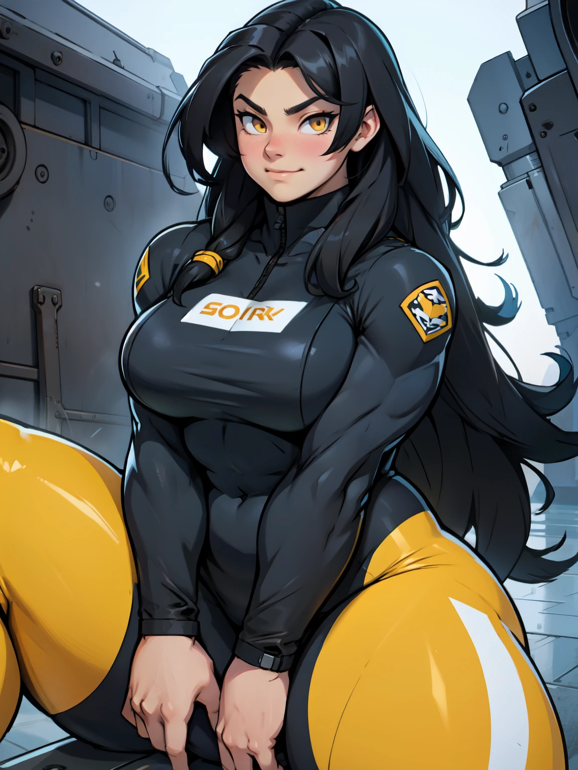 1girl, extremely long hair, solo, ((((muscular)))), veins, black hair, yellow eyes, blushing, (thick thighs), pale skin, strong, veins, abs, big thighs, (huge breasts), navel, standing, angry, bodysuit, skintight, pilot suit