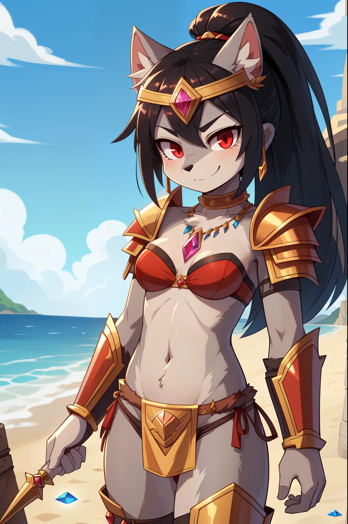 score_9,score_8_up,score_7_up, source_cartoon, source_furry, furry girl, wolf, black hair, punk hairstyle, huge long spiky ponytail, anime style, ((small breasts, flat chest)), red eyes, ((circlet, red gemstone, yellow bandeau, strapless bra, shoulder armor, gold armor, loincloth, vambraces, gem, blue gemstone, neck ring, shin guards)), high quality, detailed body, detailed eyes, detailed face, masterpiece, glistening body, detailed body fur, best quality, two tone body, gray fur, clear gray fur, perfect lighting, perfect shadows, perfect eyes, perfect hair, perfect face, gorgeous body, skinny, glowing red eyes, speed lines, motion blur, solo, smirk, beach, clear sky, standing, thick outline, anthropomorphic, countershading, uperbody,