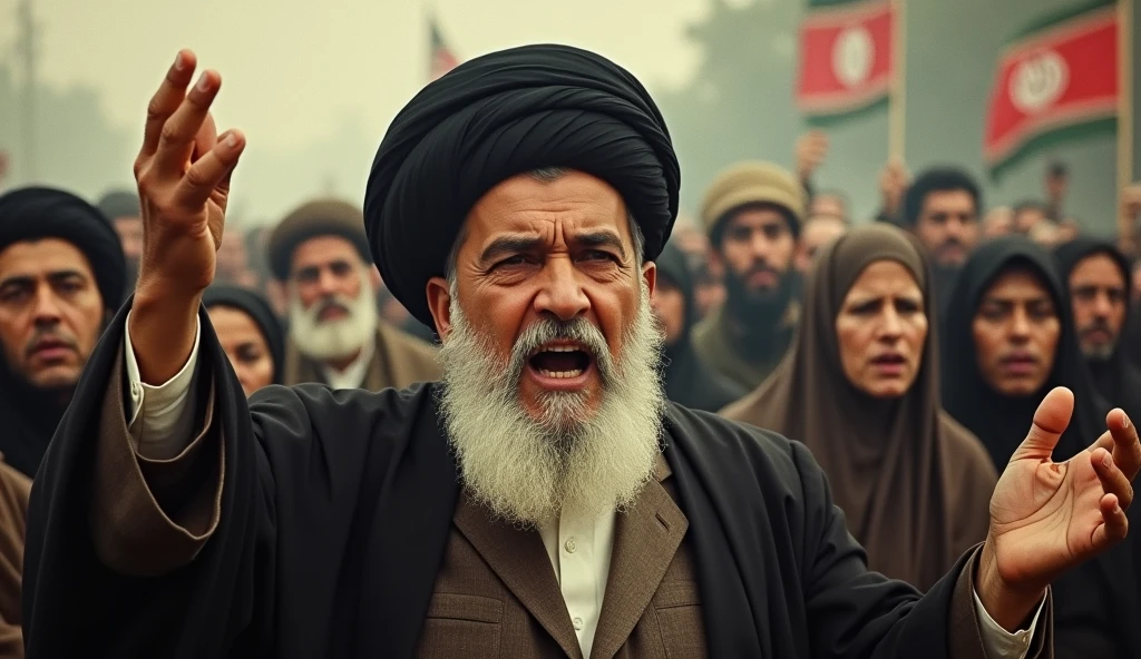 An old, grainy photograph of an Iranian revolutionary cleric passionately addressing a crowd. The cleric, with a flowing white beard and black turban, is captured mid-speech, his expression a mix of anger and inspiration. The Iranian men and women in the background, the women in hijabs, are blurred slightly, emphasizing the focus on the cleric. The image's quality reflects the limitations of the period’s cameras, adding to the sense of history.