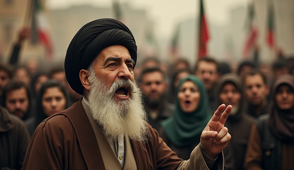 An old, grainy photograph of an Iranian revolutionary cleric passionately addressing a crowd. The cleric, with a flowing white beard and black turban, is captured mid-speech, his expression a mix of anger and inspiration. The Iranian men and women in the background, the women in hijabs, are blurred slightly, emphasizing the focus on the cleric. The image's quality reflects the limitations of the period’s cameras, adding to the sense of history.