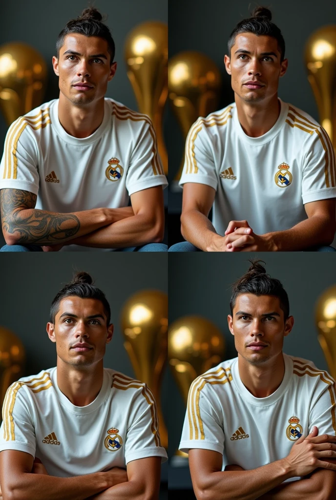 https://ichef.the bbci.co.uk/Ace/ws/640/cpsprodpb/8B70/PRODUCTION/_102469653_gettyimages-962792890.jpg.webp do it facing forward sitting talking in the background have the golden balls in the stadium of cristiano ronaldo 4 different photos with the real madrid uniform talking in front