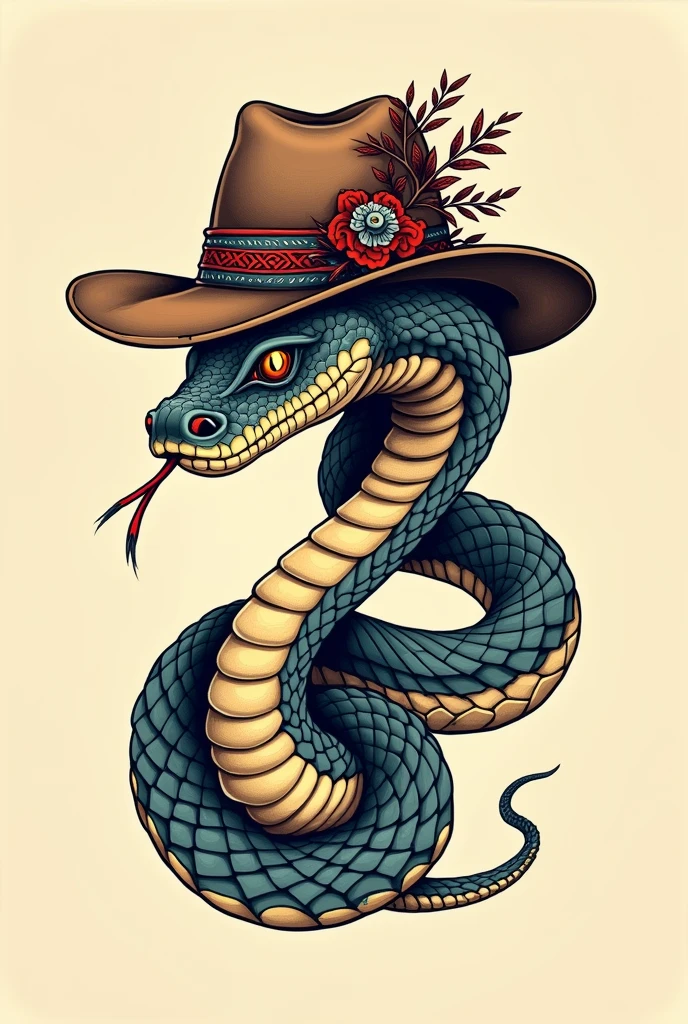 Snake with hat drawing, tatoo, old school, neotradicional, bold line, fine line, detailded, new school , fullcolor, menos detalhes, desenho de tatoo, simple scales, most realistic