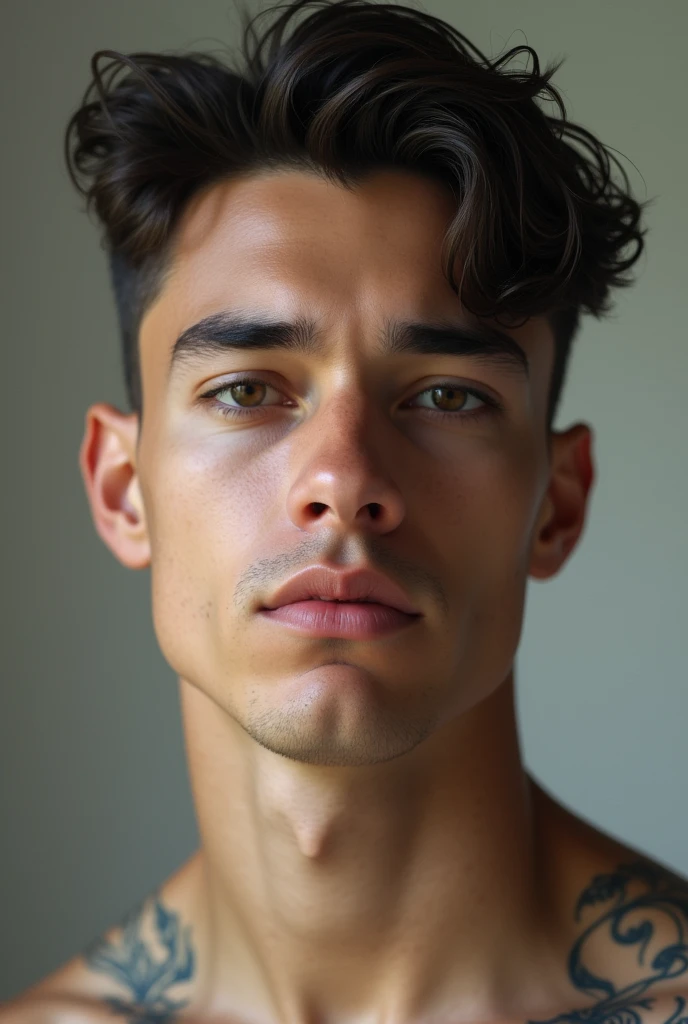 that he doesn't have a beard and also no tattoos on his chest and arms