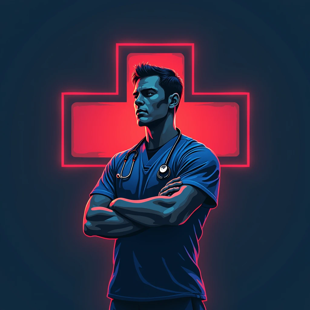 a detailed medical cross icon logo, 1men_nurse uniforms, aggressive lines, dynamic vibrant blue, green, red colors, modern monogram typography, (best quality,4k,8k,highres,masterpiece:1.2),ultra-detailed,(realistic,photorealistic,photo-realistic:1.37),minimalist,high detail,enhanced,POAKL
