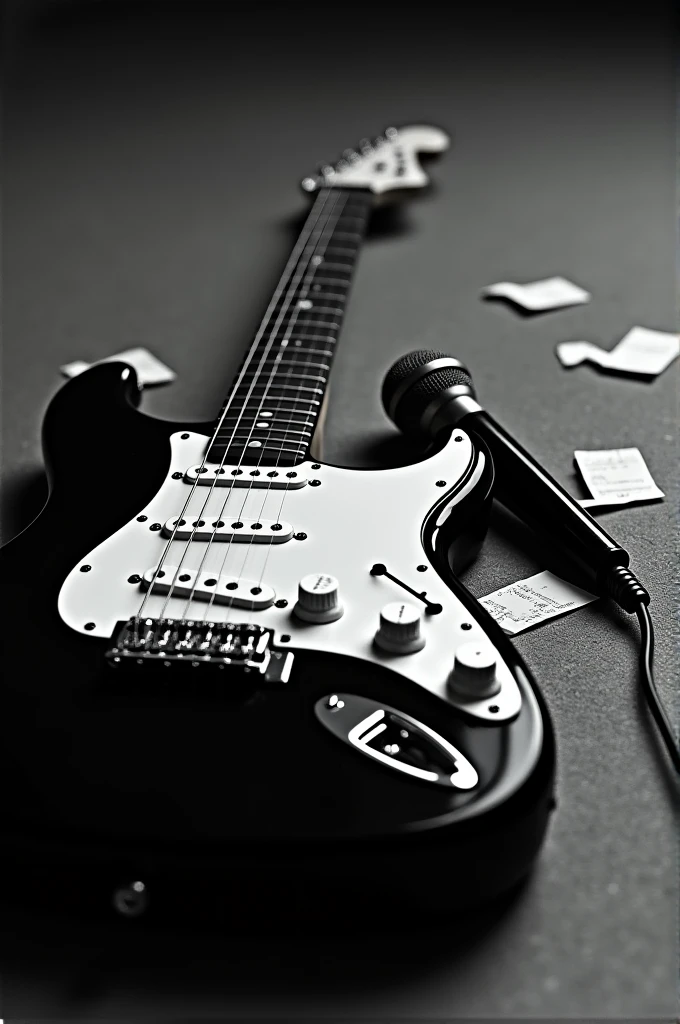 Generates image of a black and white electric guitar on the ground, next to a microphone lying on the floor around loose musical notes, dark colors