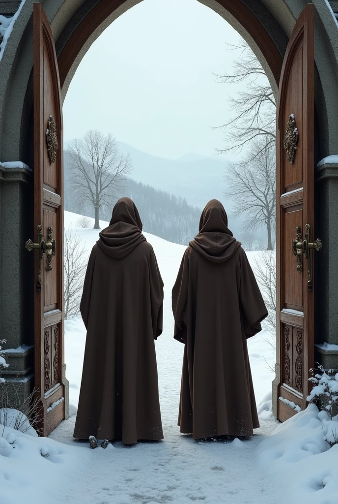 Two men, monks, standing at the door of a church in the snow