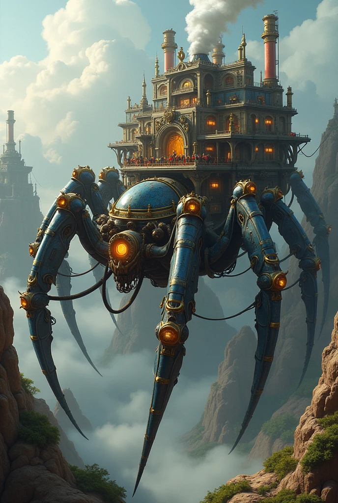 A small city built on a mechanical spider in the style of steam engines