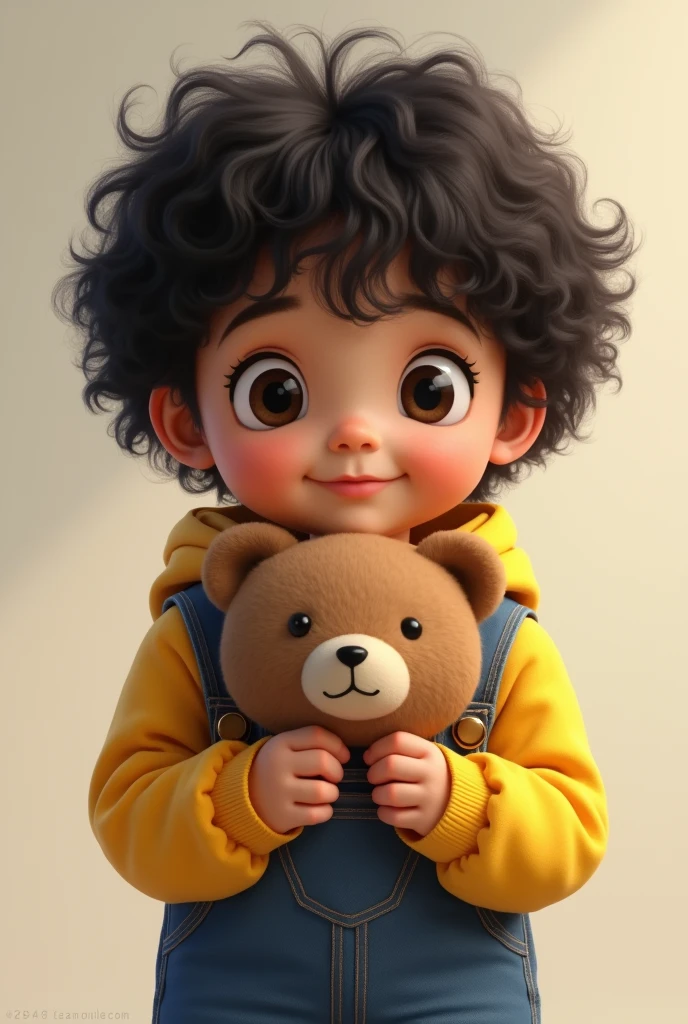 realistic six-year-old in yellow and blue overalls with slanted eyes, light black skin, black curly hair, features on Jeon Jungkook's face, holding a medium-sized brown bear