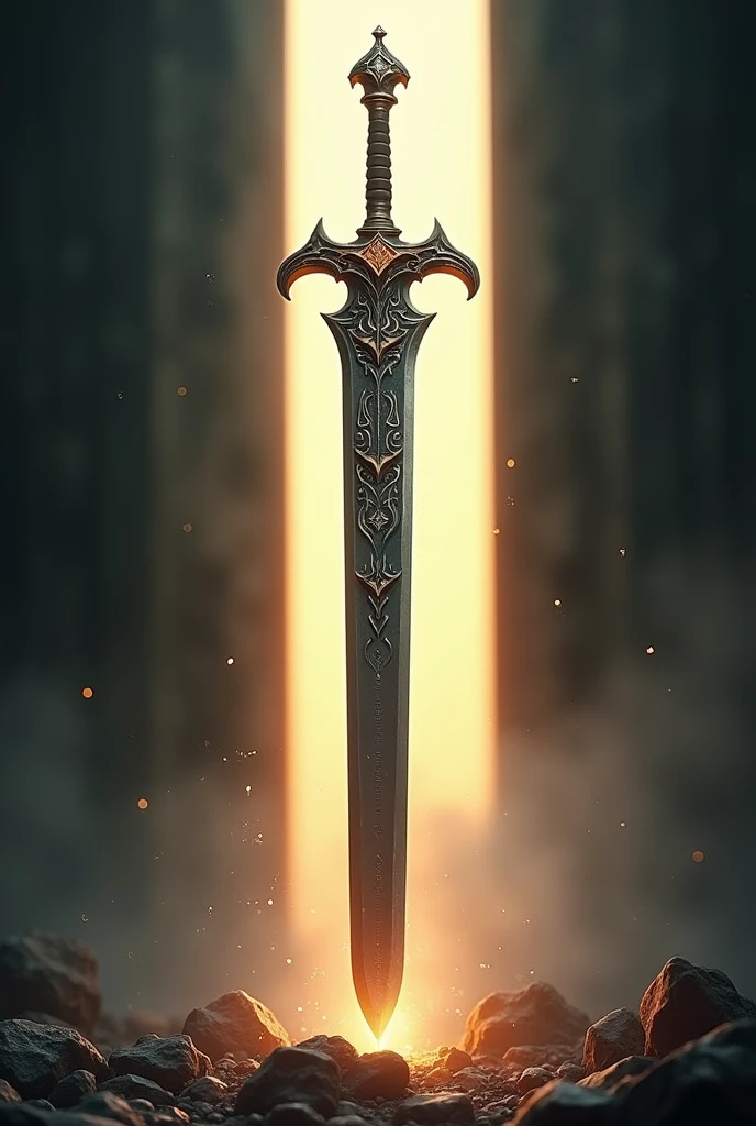 one magical sword in front of a light coming from the back with a simple background badass
