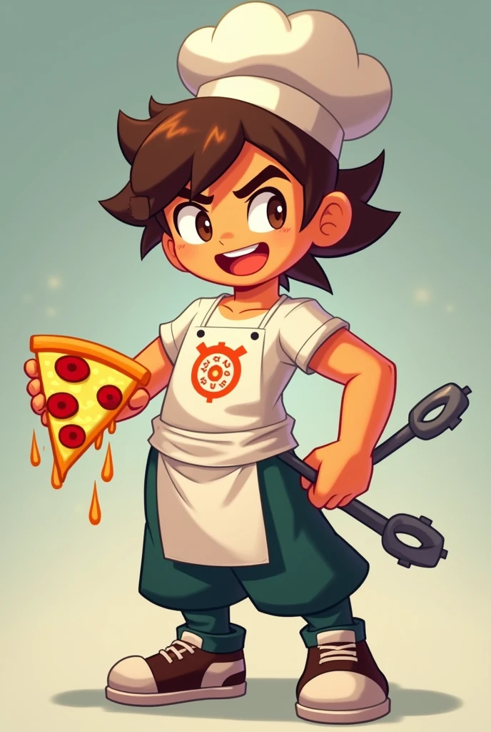 Tosatte is a brawler from the game Brawl Stars,passionate about pizza, whose main weapon is a pizza grabber. He is Fang's younger brother.,Tosatte has a chef hat on, her brown hair sticks out of the hat,He has a white t-shirt showing his entire arm and a white apron with a pizza logo,your dark green pants,he wears a brown sandal,your eyes are very bright and your smile shows a lot of charisma,he is holding a slice of pizza and on his back he has his weapon a pizza tongs,He is on the side of the brawler Edgar, he loves pizza but he is not fat.