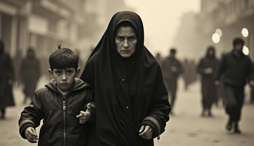  A poignant, old photograph of an Iranian mother and her child fleeing a riot in the streets of Tehran. The mother, wearing a traditional black chador, pulls her young son along as they run, their faces filled with fear. The background is chaotic, with smoke, flames, and distant silhouettes of other Iranian protestors. The image’s grainy texture and slight blur add to the urgency and reality of the moment, reminiscent of the era’s photography.