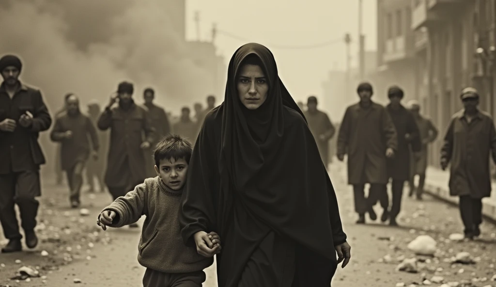  A poignant, old photograph of an Iranian mother and her child fleeing a riot in the streets of Tehran. The mother, wearing a traditional black chador, pulls her young son along as they run, their faces filled with fear. The background is chaotic, with smoke, flames, and distant silhouettes of other Iranian protestors. The image’s grainy texture and slight blur add to the urgency and reality of the moment, reminiscent of the era’s photography.