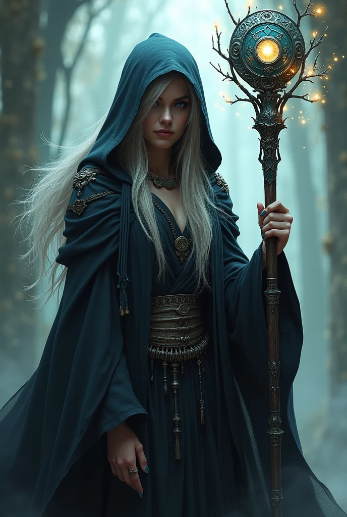 A Silver Haired Woman wearing a dark hood holding an ancient staff with runes and random gemstones, Not realistic style