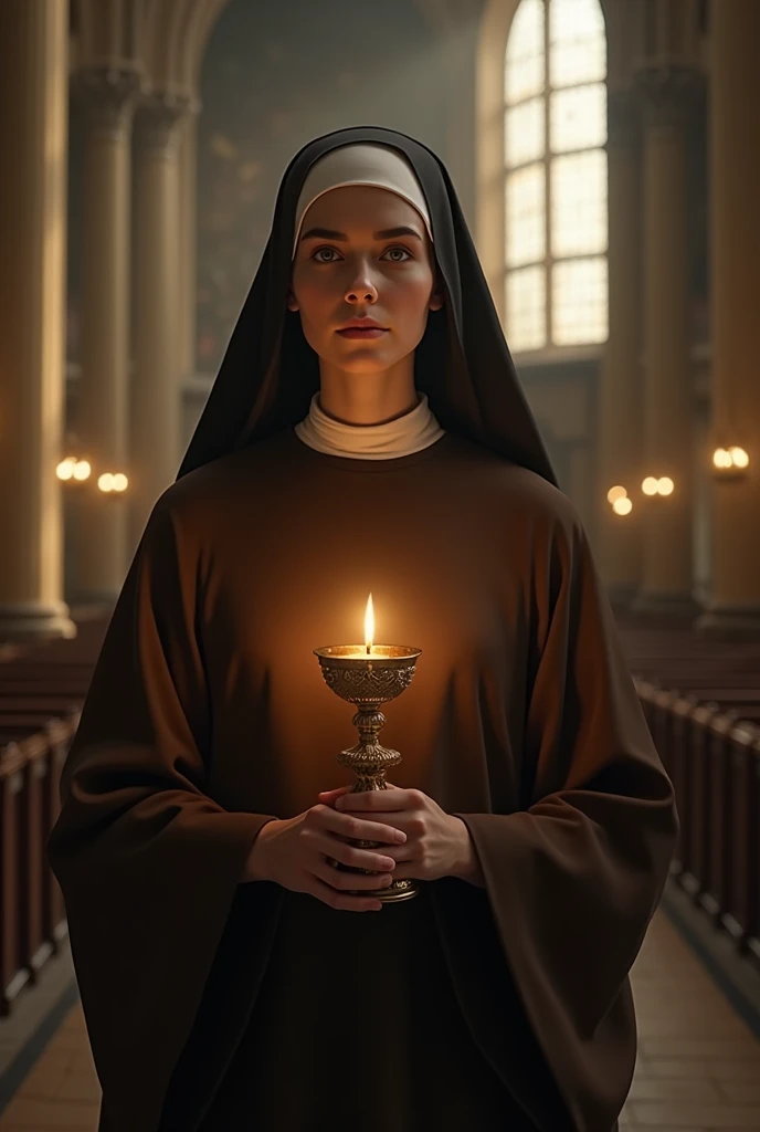 portrait of Saint Clare of Assisi in a Cathedral, nun, Damianite, white girl, young woman, wearing a brown habit covering her black hair, holding monstrance on her chest, clear facial features, photo front, cinematographic, photo shoot, filmed with a 25 mm lens, depth of field, tilt blur, shutter speed 1/1000, f/22, white balance, 32k, super resolution, Pro Photo RGB, half backlight, backlight, dramatic lighting, incandescent, soft lighting, volumetric, Conte-Jour, global illumination, screen space global illumination, scattering, shadows, rough, flickering, lumen reflections, screen space reflections, diffraction grading, Chromatic aberration, GB shift, scan lines, ambient occlusion, anti-aliasing , FKAA, TXAA, RTX, SSAO, OpenGL-Shader's, post-processing, post-production, cell shading, tone mapping, CGI, VFX, SFX, incredibly detailed and intricate, hyper maximalist, elegant, dynamic pose, photography, volumetric, ultra-detailed, intricate details, super detailed, ambient --uplight --v 4 --q 2